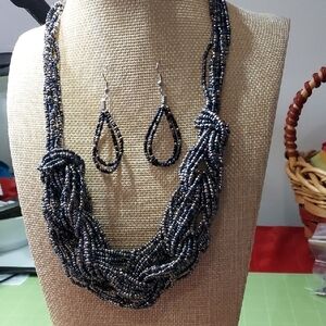 Elegant Black and Silver Beaded Necklace and Earring Set